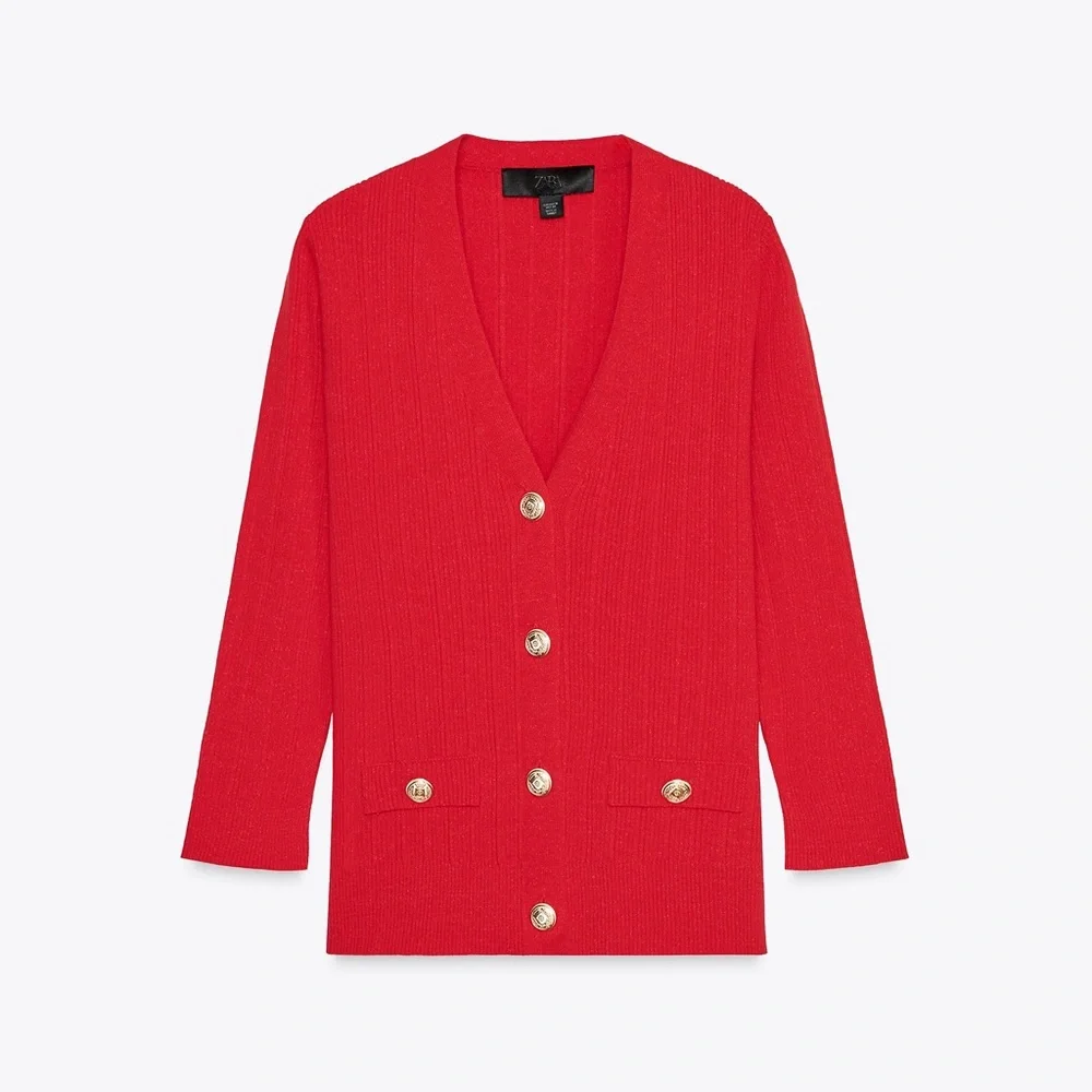 ZARA V-neck Knit Cardigan w/ 3/4 sleeves in Gold Button Red Size M NEW - Picture 4 of 6